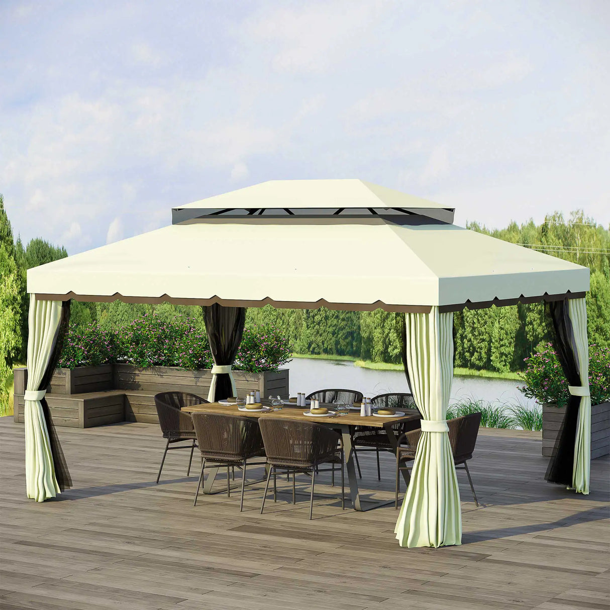 Outsunny 4 x 3 m Aluminum Garden Gazebo, Double Roof Outdoor Gazebo Canopy Shelter with Netting & Curtains for Garden, Lawn, Backyard and Deck, Cream