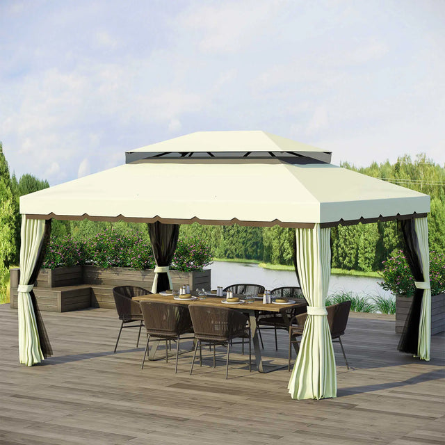 Outsunny 4 x 3 m Aluminum Garden Gazebo, Double Roof Outdoor Gazebo Canopy Shelter with Netting & Curtains for Garden, Lawn, Backyard and Deck, Cream