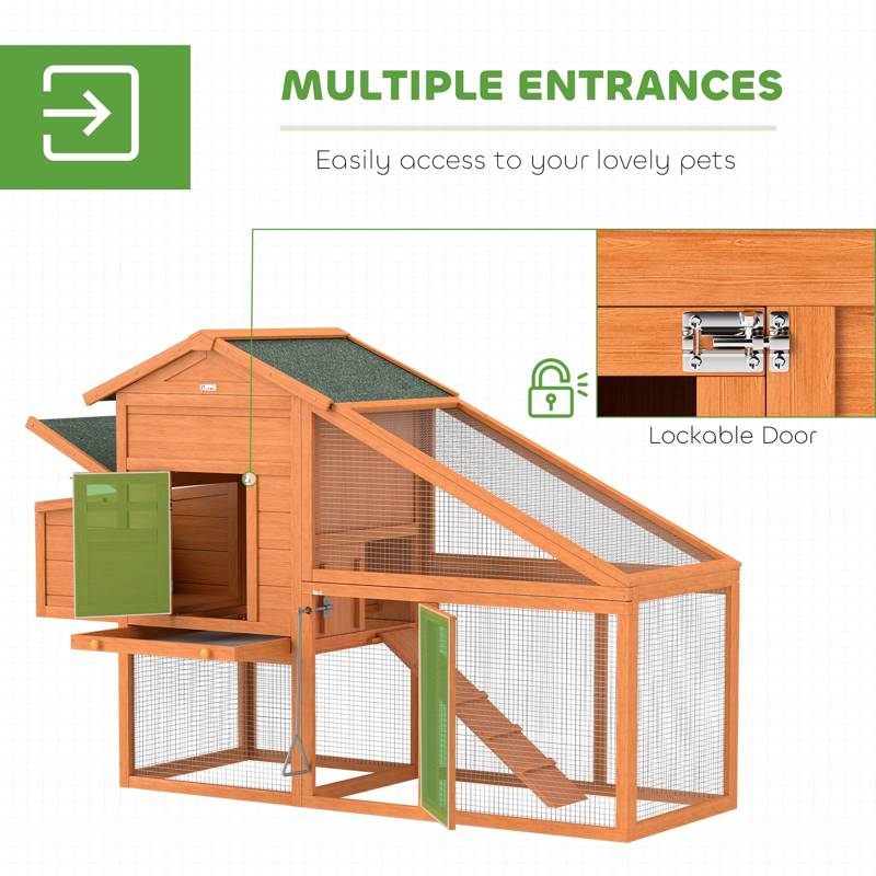 PawHut Wooden Chicken Coop with Run, Nesting Box, Slide-out Tray, Ramp, Perches, Asphalt Roof, 179 x 67 x 115cm