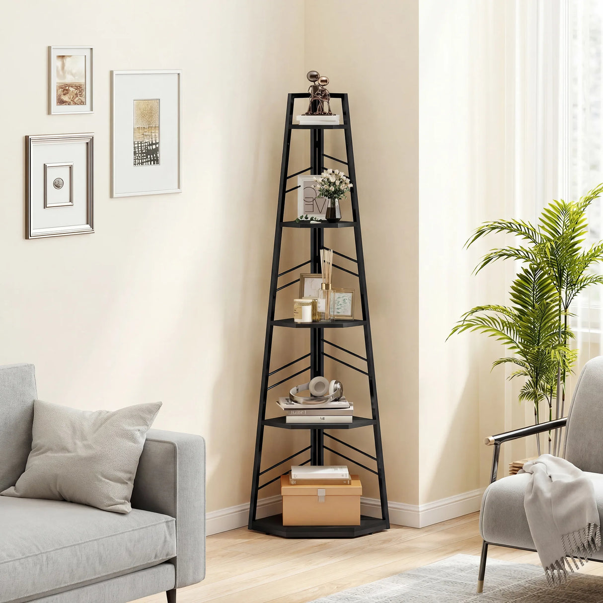 HOMCOM Corner Bookcase, 5-Tier Floor Standing Bookshelf, Shelving Unit for Living Room, Study, Bedroom, Black