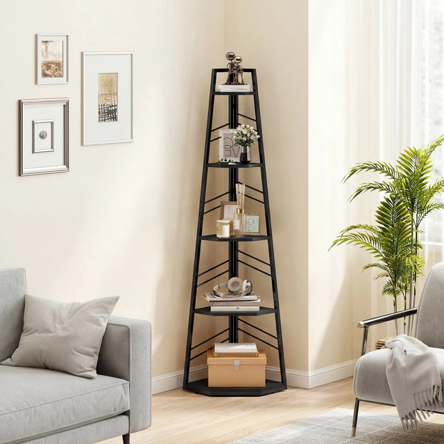 HOMCOM Corner Bookcase, 5-Tier Floor Standing Bookshelf, Shelving Unit for Living Room, Study, Bedroom, Black