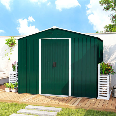Outsunny Large Garden Storage Shed, 7.7 x 5.7 with Ventilation Slots and Sliding Doors for Gardeners, Green