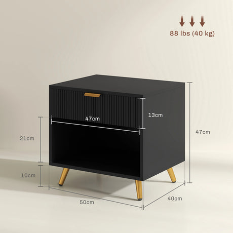 HOMCOM Elegant Bedside Table Set of 2, with Drawer and Shelf - Black/Gold Tone