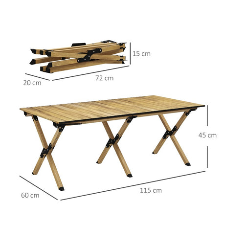 Outsunny Portable Camping Table, 4ft Aluminium Folding Table with Roll-Up Top, Picnic Table for Indoor, Outdoor, Party, BBQ, Beach, Natural Wood Effect