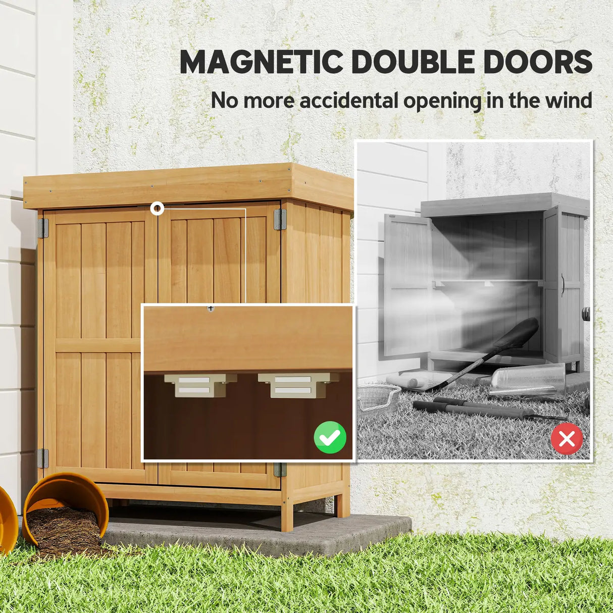 Outsunny Small Shed, Wooden Garden Shed with Openable Hinged Roof and Removable Shelf, Outdoor Tool Storage Cabinet Chest with Double Doors, 74 x 43 x 88 cm, Natural Wood Finish