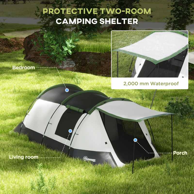 Outsunny Three-Man Camping Tent, with Two Rooms and Porch - Green