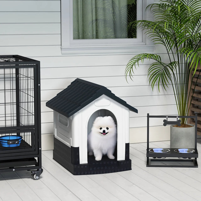 PawHut Plastic Dog Kennel with Windows, for Garden Patio, Miniature Dogs, 64.5 x 57 x 66cm - Grey