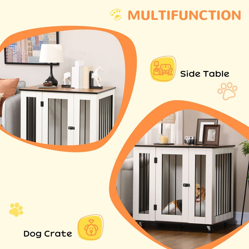 PawHut Dog Crate Furniture, Dog Cage End Table, with Wheels, for Medium Dogs, 80 x 60 x 76.5cm  - White