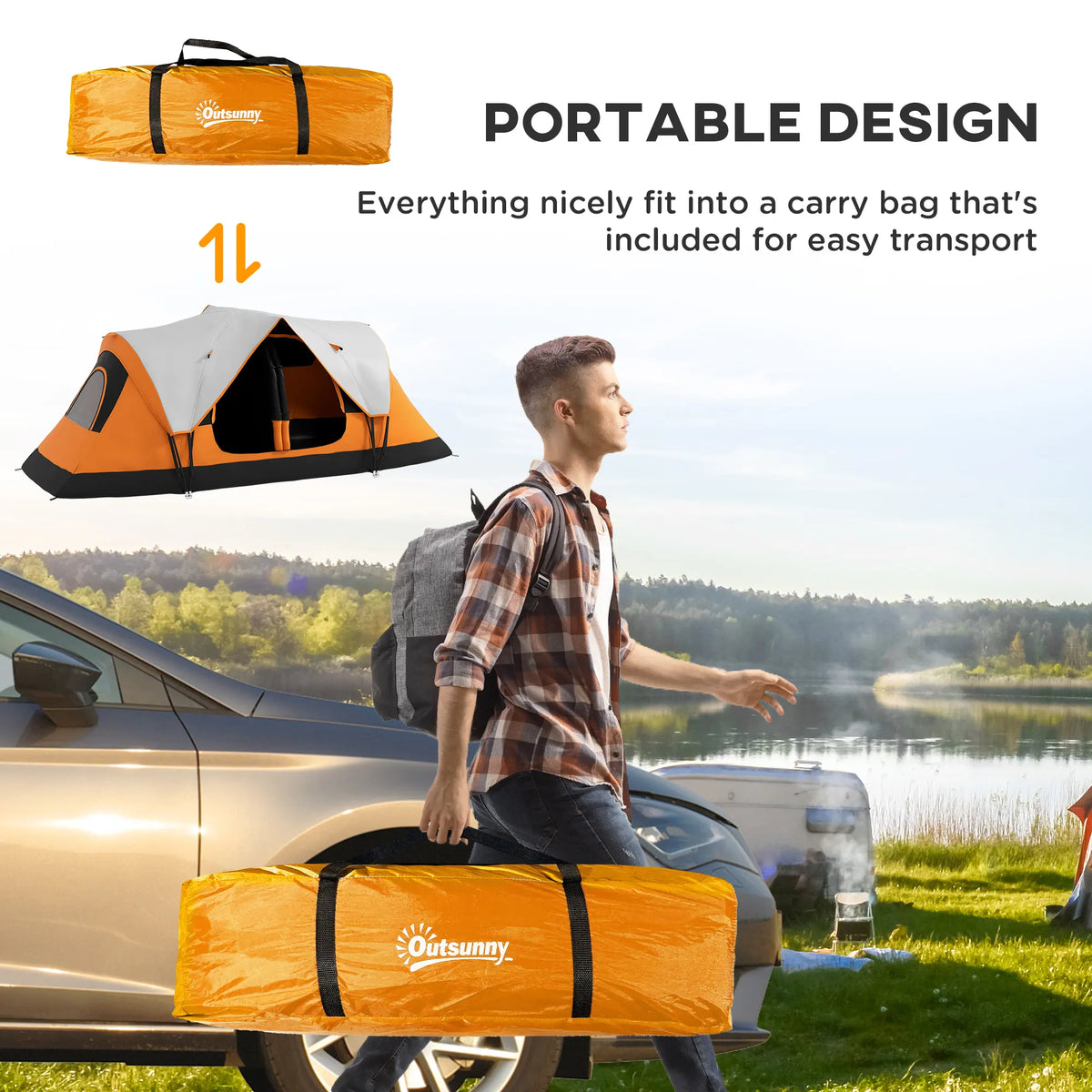 Outsunny 2 Bedroom Tent Six-man Seates Family Camping for Outdoor Adventure, Orange