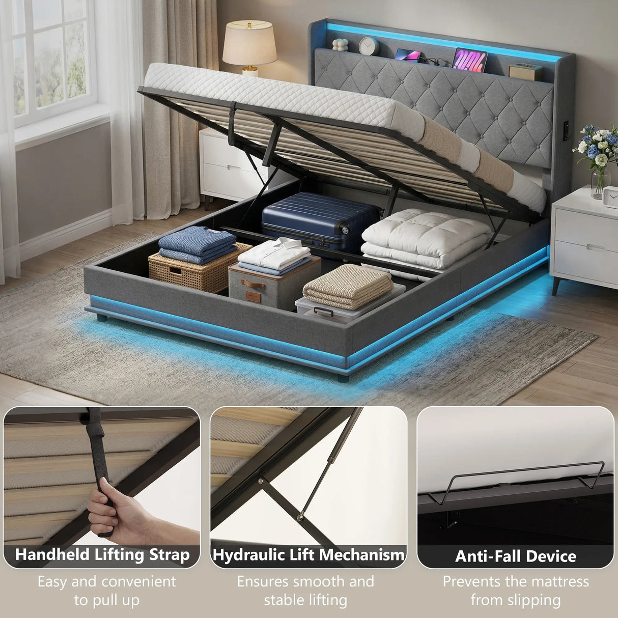 HOMCOM 5ft King Bed Frame with Headboard, Platform Bed Frame with Hydraulic Storage, LED Lights and Charging Station, Grey