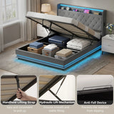 HOMCOM 5ft King Bed Frame with Headboard, Platform Bed Frame with Hydraulic Storage, LED Lights and Charging Station, Grey