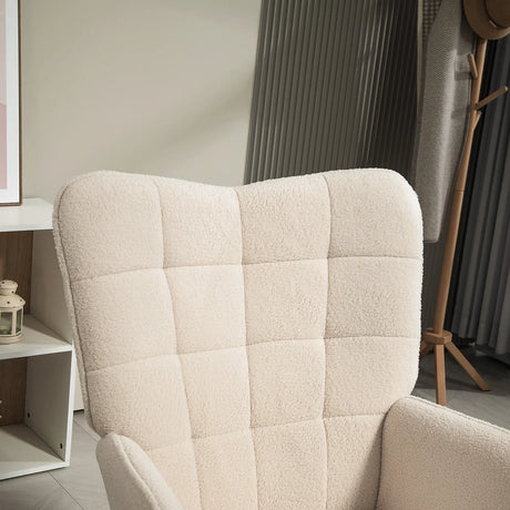 HOMCOM Modern Accent Chair, Upholstered Tufted Wingback Armchair with Seat Padding, Teddy Fleece Leisure Lounge Bedroom Chair with Wood Legs, Cream White