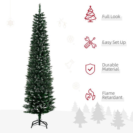 HOMCOM 6FT Artificial Snow Dipped Christmas Tree Xmas Pencil Tree Holiday Home Indoor Decoration with Foldable Black Stand, Green