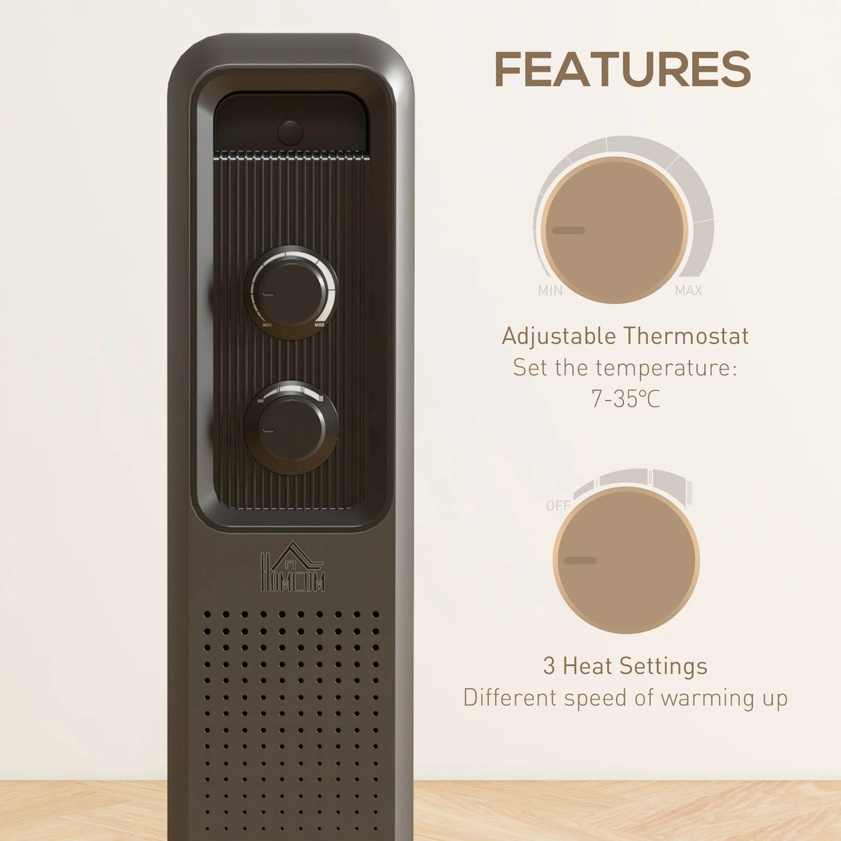 HOMCOM 2500W Oil Filled Radiator, 11 Fin, Portable Electric Heater with 3 Heat Settings, Safety Cut-Off and Wheels, Grey