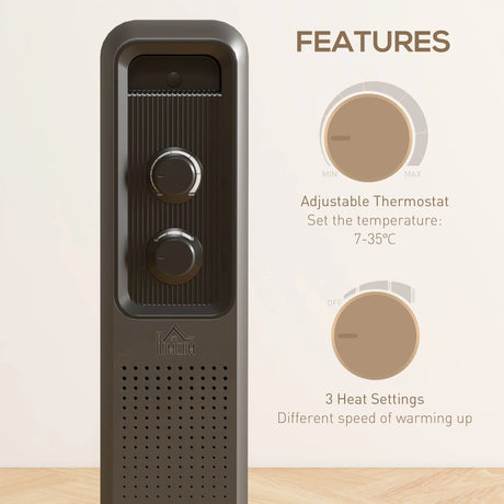 HOMCOM 2500W Oil Filled Radiator, 11 Fin, Portable Electric Heater with 3 Heat Settings, Safety Cut-Off and Wheels, Grey