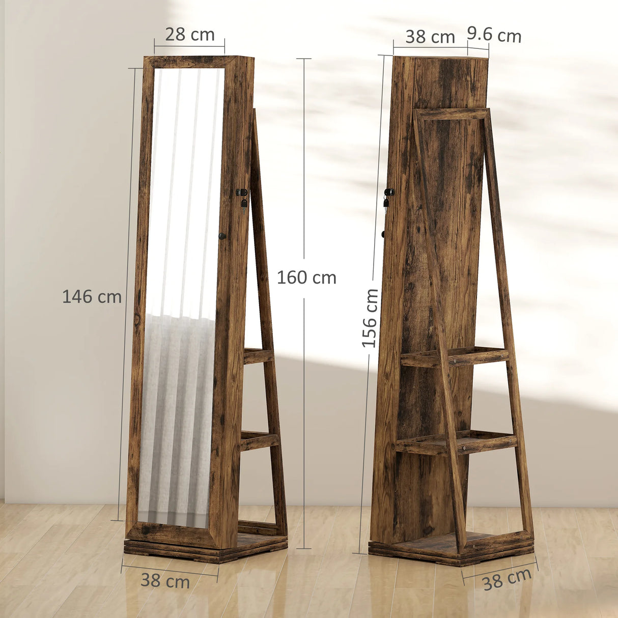 HOMCOM 360 Swivel Jewellery Cabinet, Free Standing Full Length Mirror with Storage, Lockable Jewellery Organiser with Built-in Makeup Mirror and Storage Shelves for Bedroom, Rustic Brown