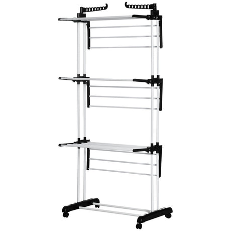 HOMCOM Foldable Clothes Drying Rack, 4-Tier Steel Garment Laundry Rack with Castors for Indoor and Outdoor Use, Black