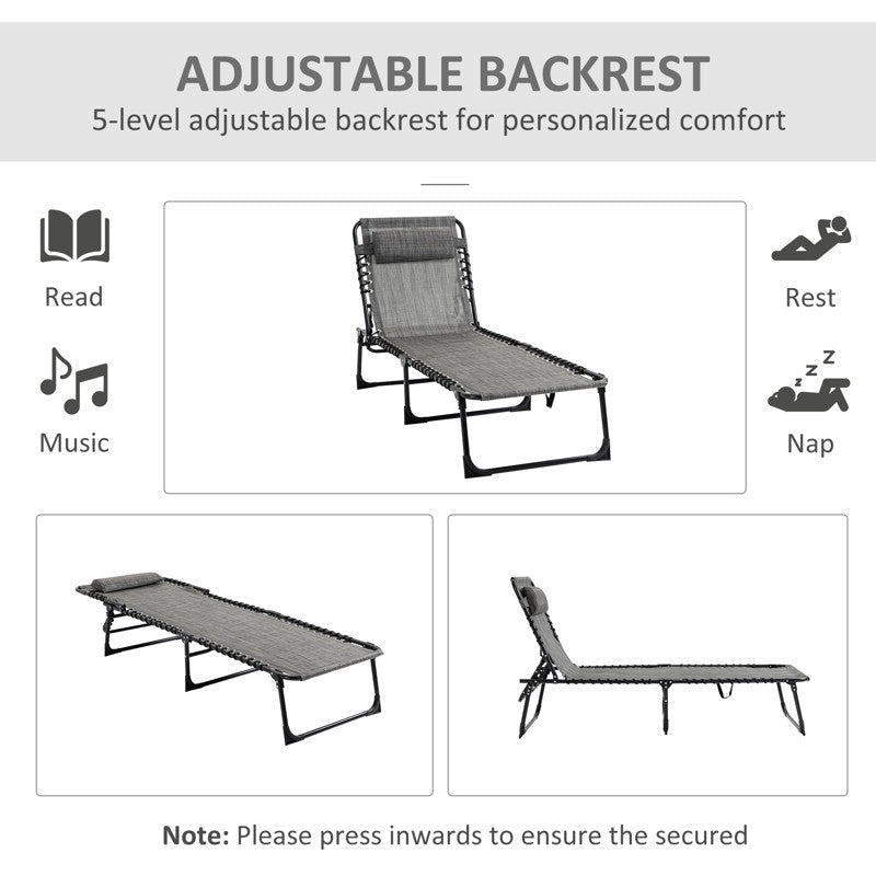 Outsunny Portable Sun Lounger Set of 2, Folding Camping Bed Cot, Reclining Lounge Chair 5-position Adjustable Backrest with Side Pocket, Pillow for Patio Garden Beach Pool, Mixed Grey