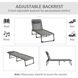 Outsunny Portable Sun Lounger Set of 2, Folding Camping Bed Cot, Reclining Lounge Chair 5-position Adjustable Backrest with Side Pocket, Pillow for Patio Garden Beach Pool, Mixed Grey