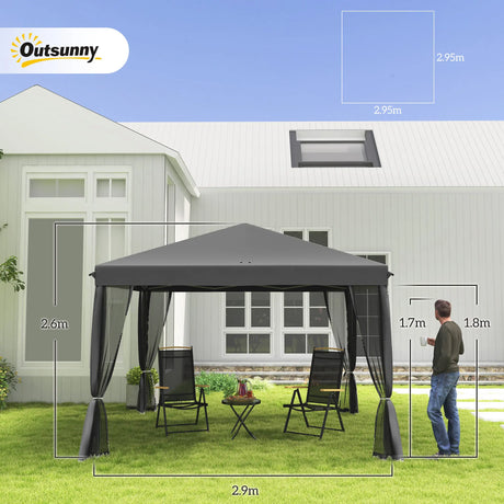 Outsunny 3 x 3 m Pop Up Gazebo, 420D Garden Tent Canopy with Removable Mesh Sidewall Netting, Carry Bag for Garden Patio Outdoor, Light Grey
