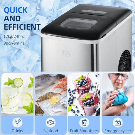 HOMCOM Ice Maker Machine, Counter Top Ice Cube Maker for Home, 9 Ice Cubes per 8 Minutes, 1.8L with Self Cleaning Function, Scoop and Basket Stainless Steel No Plumbing Required Black