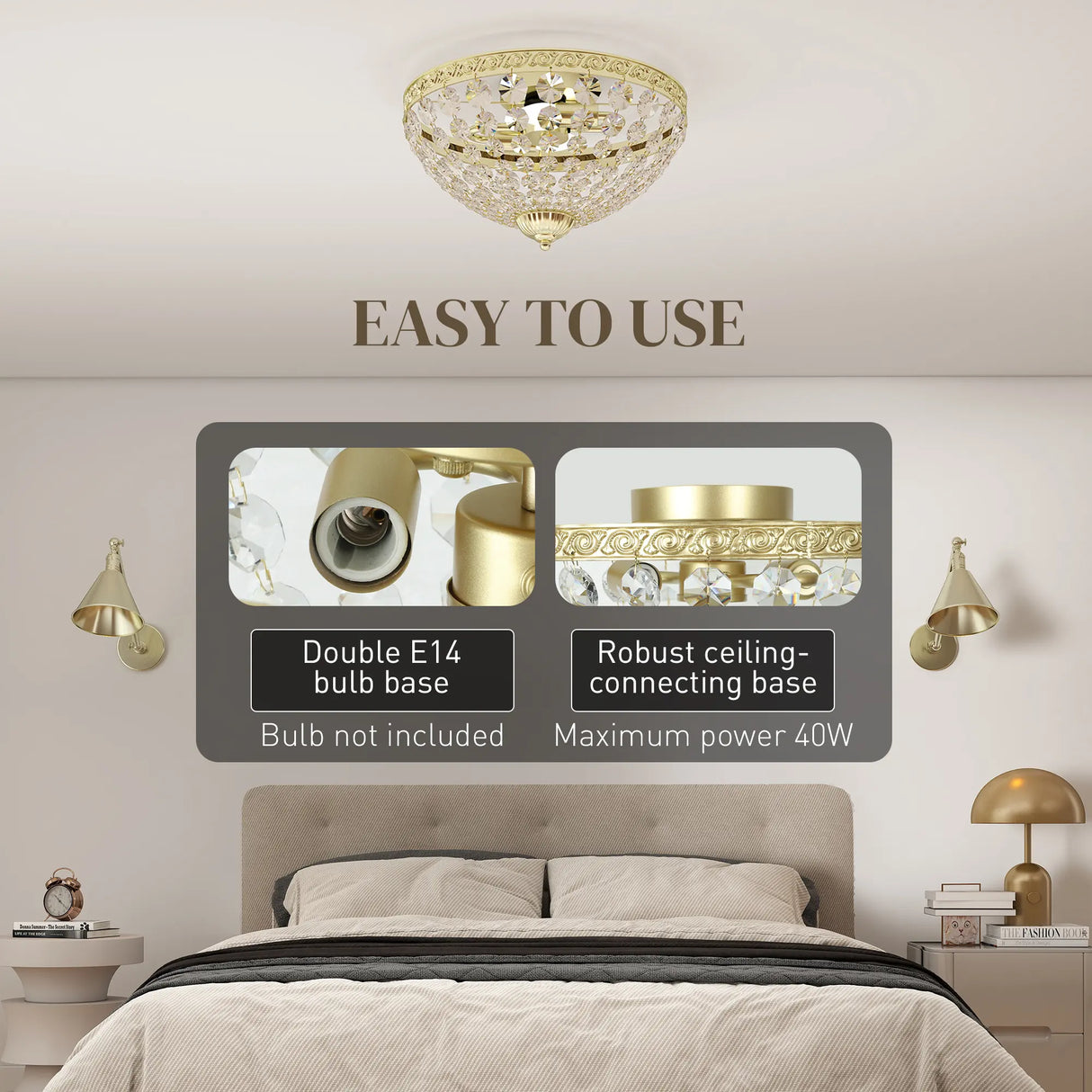 HOMCOM Crystal Chandelier Ceiling Light with 168 Octagonal Beads, Vintage 2-Light Flush Mount Ceiling Light for Living Room, Bedroom, Hallway, Dining Room, Gold Tone