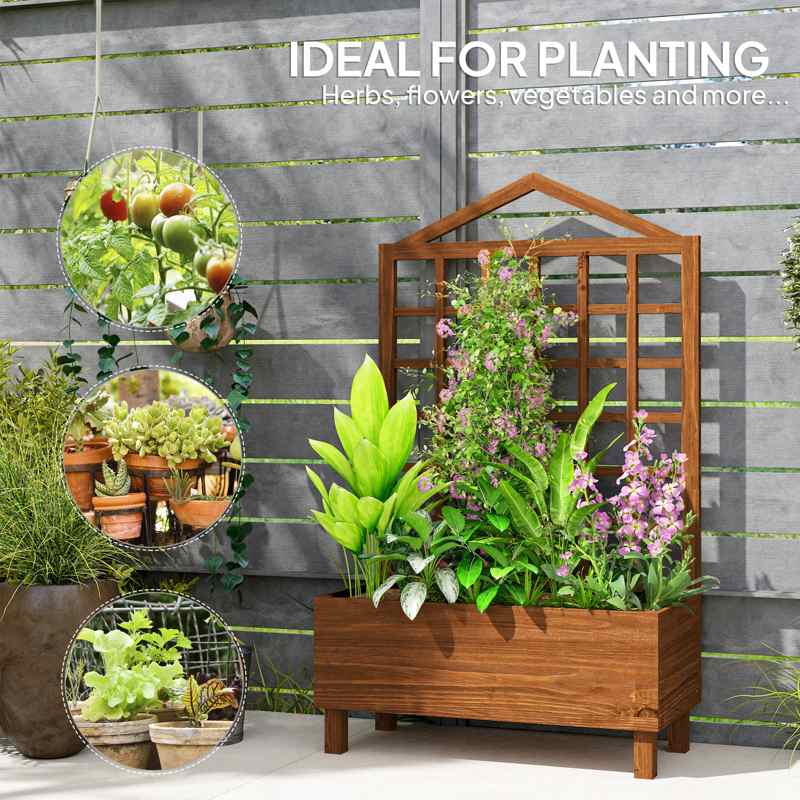 Outsunny Garden Planters with Trellis for Vine Climbing, Distressed Wooden Raised Beds, 90x43x150cm, Brown