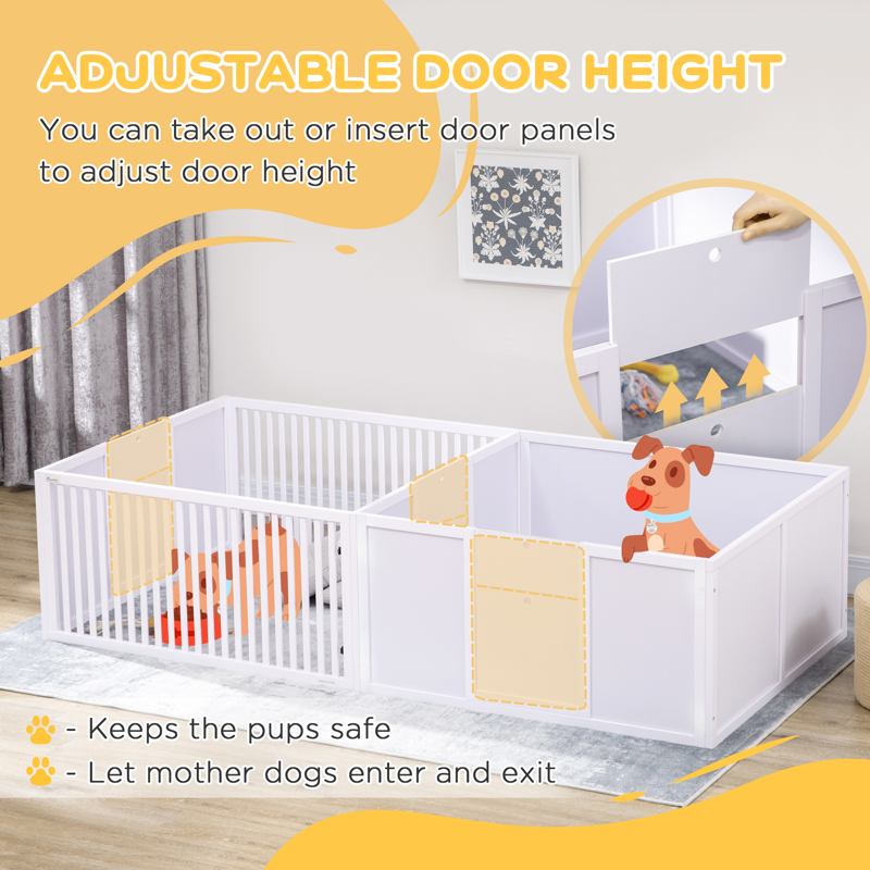 PawHut 7 Panels Playpen with 3 Doors for Baby Dogs, Two-Room Design Puppy Whelping Box - White