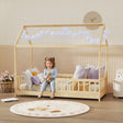 HOMCOM House-Shaped Kids Bed Frame with Guard Rails, Solid Pine Wood Single Bed Frame for Kids Boys and Girls, Natural