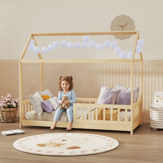 HOMCOM House-Shaped Kids Bed Frame with Guard Rails, Solid Pine Wood Single Bed Frame for Kids Boys and Girls, Natural