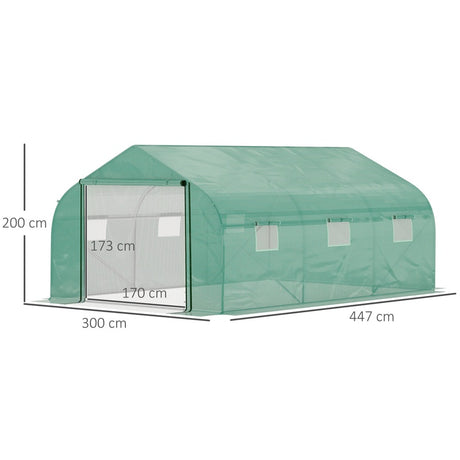 Outsunny Walk-in Polytunnel Garden Greenhouse, Outdoor Mesh Door Greenhouse with PE Cover and 6 Windows, 4.5 x 3 x 2m, Green