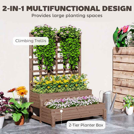 Outsunny 2-Tier Raised Garden Bed with Trellis, Wooden Elevated Planter Box with Drainage Holes, Outdoor Raised Planter for Climbing Plants, Fruits, Vegetables, Flowers, Brown