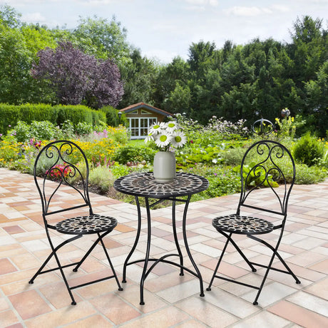 Outsunny 3 Pieces Garden Bistro Set with Coffee Table and 2 Folding Single Chairs, Mosaic Garden Table Top and Seats, Metal Frame, for Patio Balcony, Black