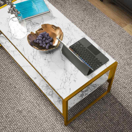 HOMCOM Coffee Table, Two-Tier Marble Centre Table with Metal Frame and Storage Shelf for Living Room, 106 x 50 x 45cm, White