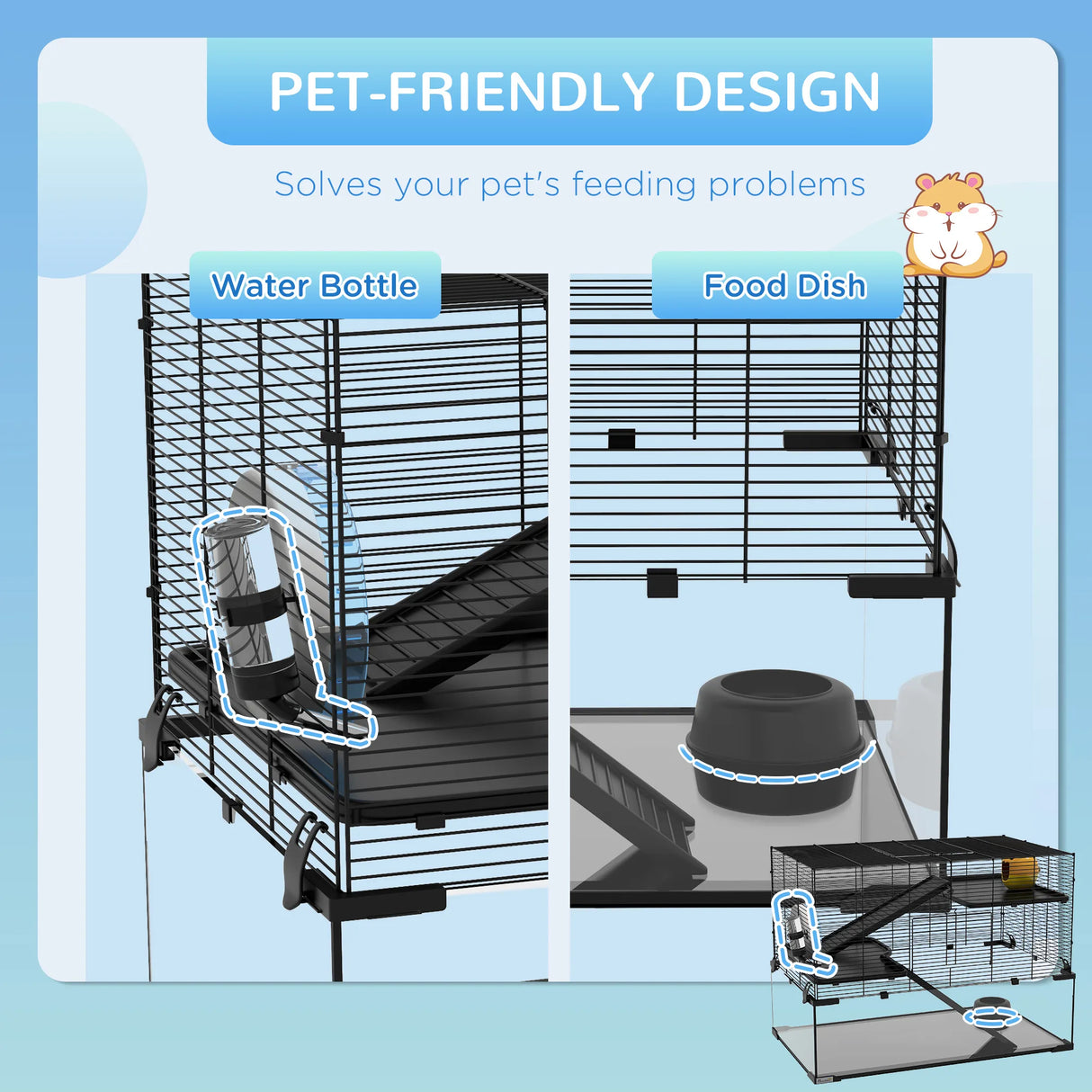 PawHut 3 Tiers Hamster Cage, Gerbil Cage with Deep Glass Bottom, Non-Slip Ramps, Platforms, Hut, Exercise Wheels, Water Bottle, Dish, for Syrian Hamster, Dwarf Hamster, 78.5 x 48.5 x 54.5cm