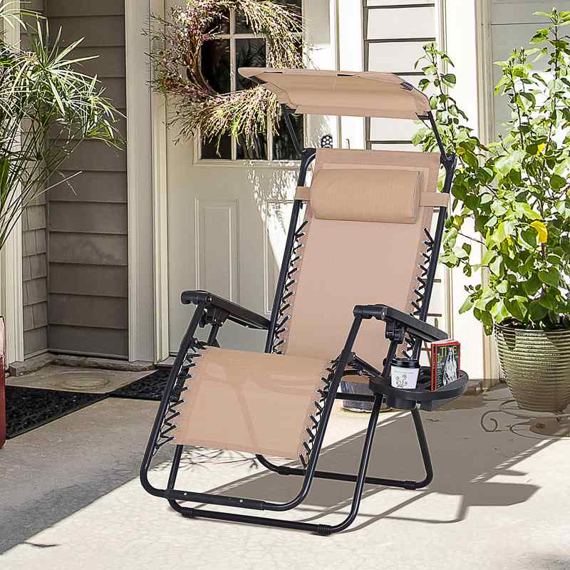 Outsunny Foldable Reclining Garden Chair with Headrest, Zero Gravity Deck Sun Lounger Seat Chair with Footrest, Armrest, Cup Holder & Canopy Shade, Beige