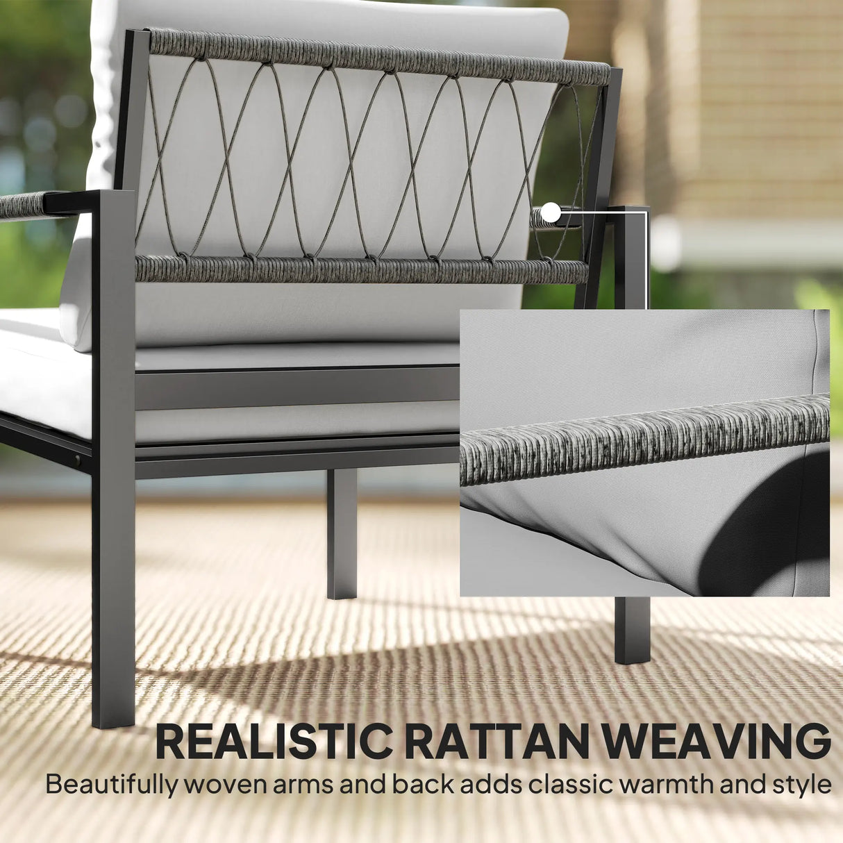 Outsunny 5 Piece Metal Garden Furniture Sofa Set with Thickened Cushions, Loveseat, 2 Armchairs, 2 Coffee Tables, Light Grey