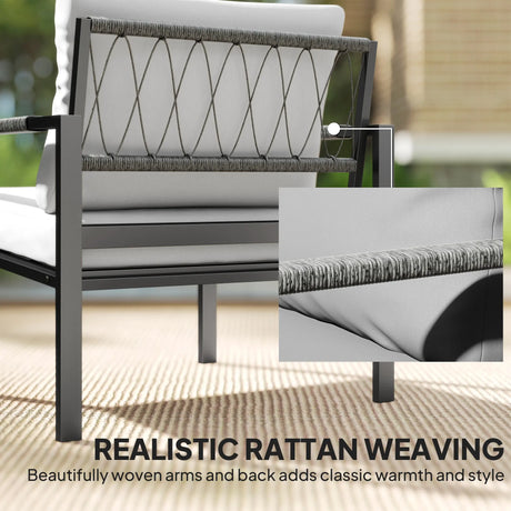 Outsunny 5 Piece Metal Garden Furniture Sofa Set with Thickened Cushions, Loveseat, 2 Armchairs, 2 Coffee Tables, Light Grey