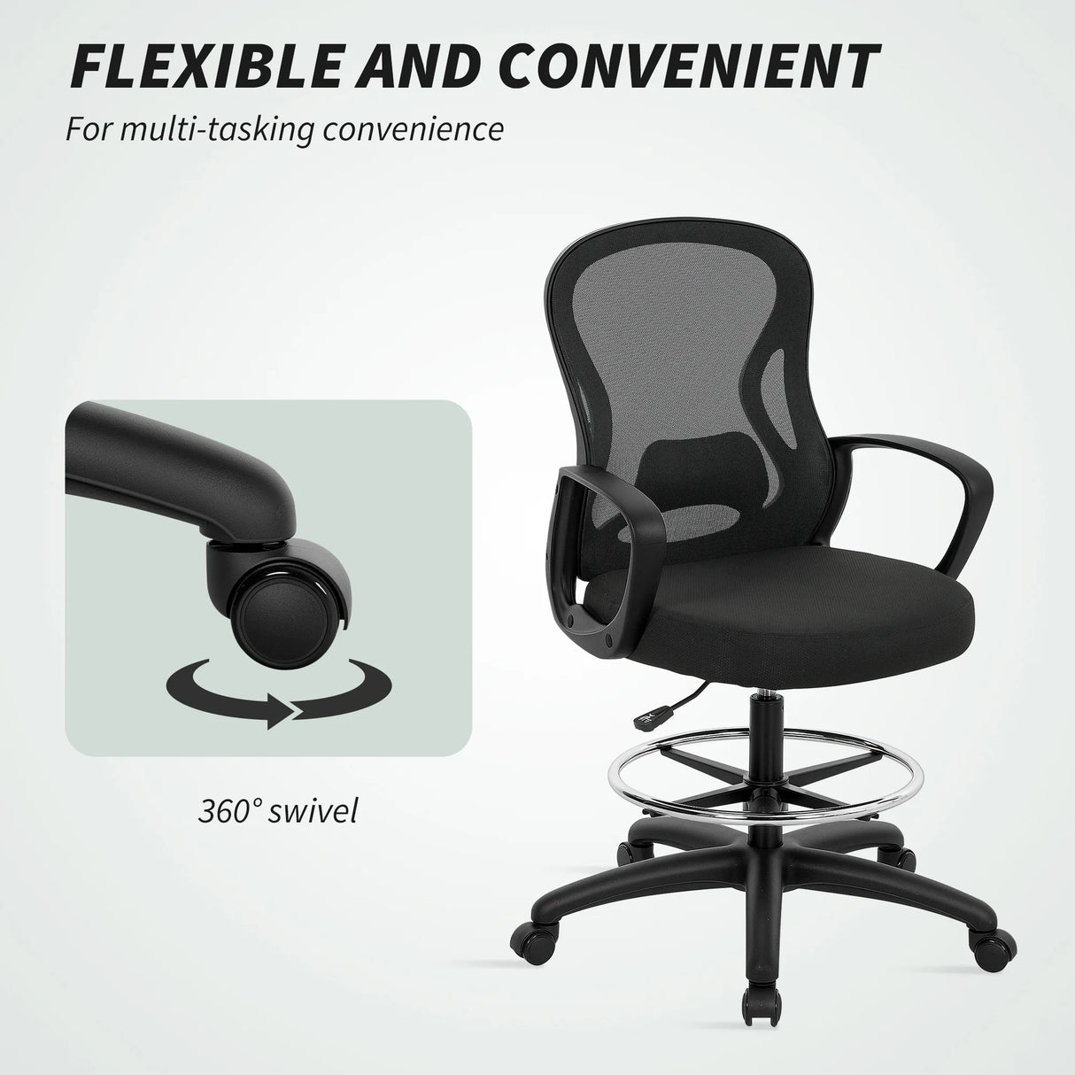 Vinsetto Drafting Chair with Adjustable Footrest, Ergonomic Mesh Office Chair with Lumbar Support, Adjustable Height for Standing Desk, Black