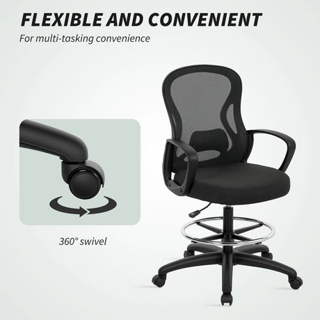 Vinsetto Drafting Chair with Adjustable Footrest, Ergonomic Mesh Office Chair with Lumbar Support, Adjustable Height for Standing Desk, Black