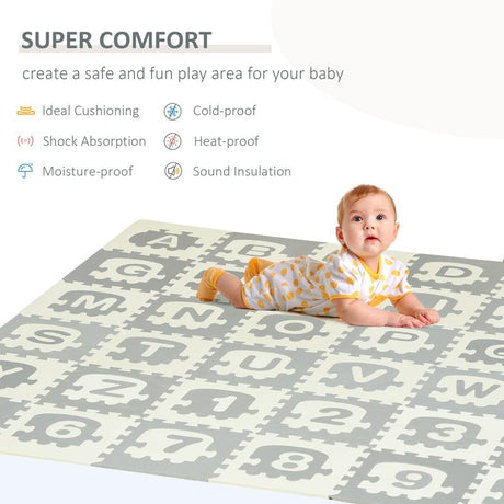 HOMCOM 36Pcs Foldable Baby Foam Play Mat for Kids EVA Soft Jigsaw Floor Tiles Toddler Educational with Alphabet and Numbers Anti-Slip Crawling Learning 31.5 x 31.5