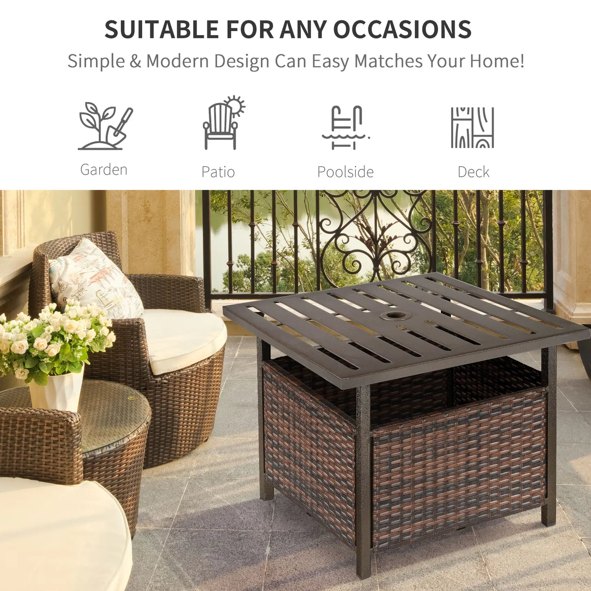 Outsunny Rattan Garden Coffee Table, 55.5 cm Square Wicker Patio Side Coffee Table with 4 cm Umbrella Hole, Metal Bottom and Slatted Top for Outdoor, Balcony, Brown