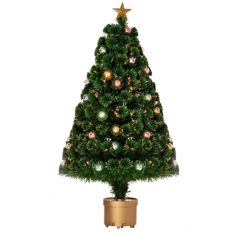 HOMCOM 3FT Prelit Artificial Christmas Tree Fiber Optic Holiday Home Xmas Indoor Decoration with Golden Stand Green