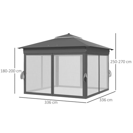 Outsunny 3.36 x 3.36m Pop Up Gazebo Party Tent with Solar-Powered LED Lights, Adjustable Event Shelter with Netting, Grey