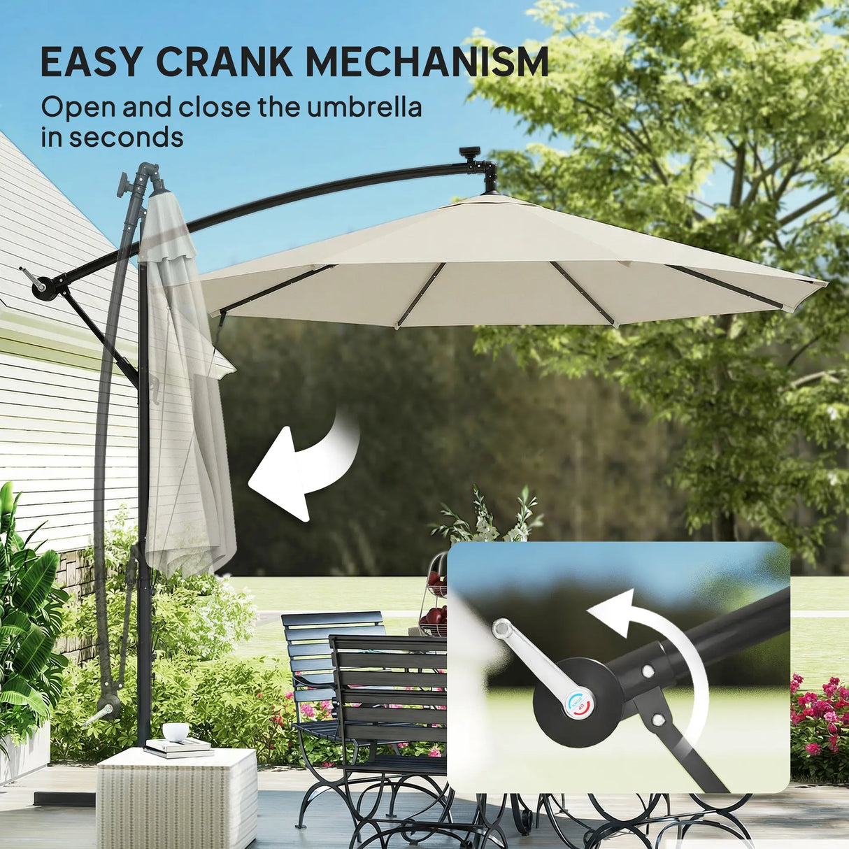 Outsunny 3 m Cantilever Parasol with Solar LED Lights Garden Umbrella with Cross Base, Cream White