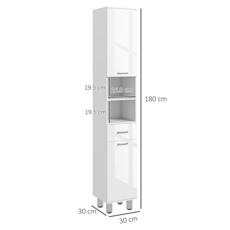 kleankin 71" Tall Slim Bathroom Storage Cabinet, Tall Narrow Cupboard with Drawer, Open Shelves, 2 Doors Cabinets and Adjustable Shelves for Kitchen, Hallway, Living Room, High Gloss White