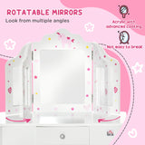 HOMCOM Kids Vanity Table and Chair Set with Tri-Folding Mirror and Stool, Makeup Dressing Table with Drawer, White