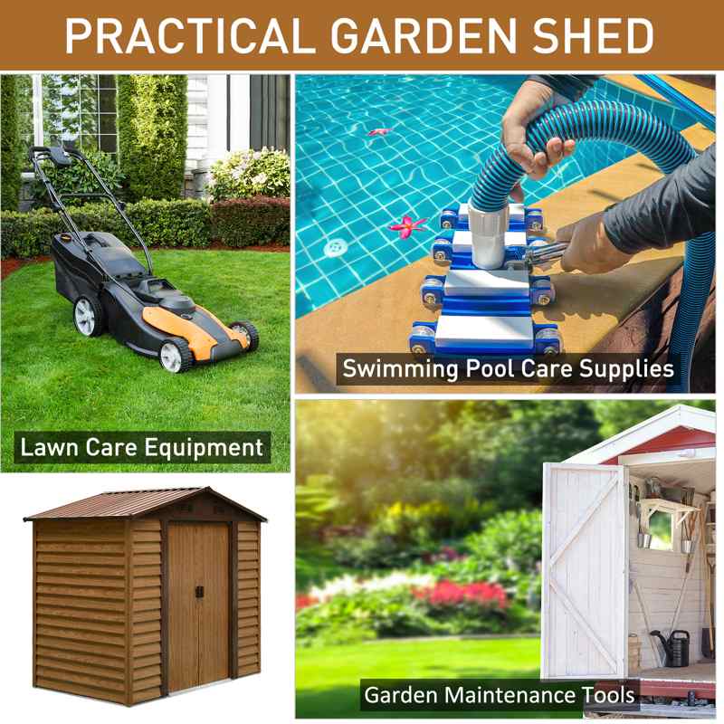 Outsunny 8 x 6ft Garden Metal Storage Shed House Hut Gardening Tool Storage with Kit and Ventilation, Brown