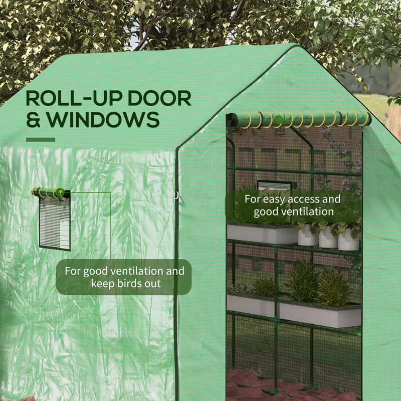 Outsunny Walk-in Greenhouse with 3 Tier 12 Shelves, Small Greenhouse with Reinforced PE Cover, Garden Plant Growhouse with Roll-up Door and Three Mesh Windows, 140 x 213 x 190 cm, Green