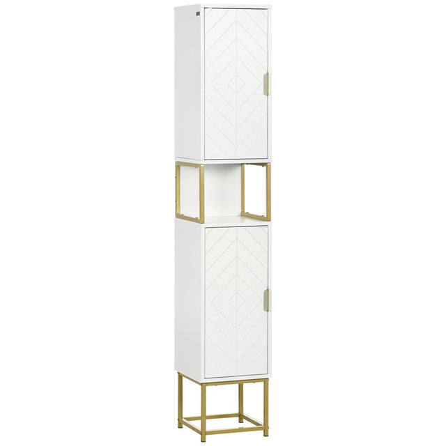 kleankin Narrow Bathroom Storage Cabinet, Freestanding Tallboy Storage Unit with Adjustable Shelf, 2 Doors and Steel Base, Slim Corner Organizer, White